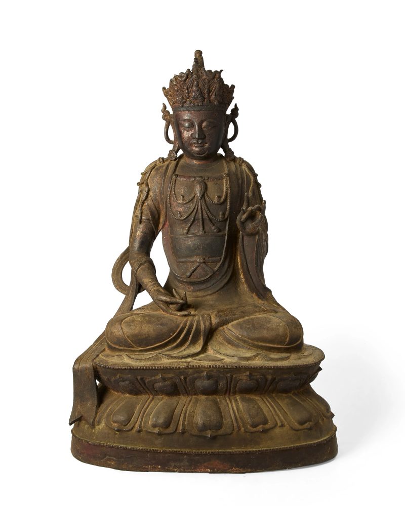 明弘治九年約一四九六 銅漆金菩薩像 | A massive Chinese gilt-lacquered documentary bronze figure of a Bodhisattva