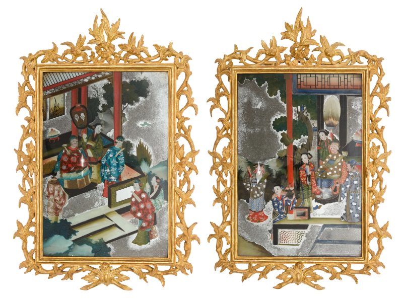 清十九世紀 玻璃反畫繪獻壽圖一對連歐式鎏金框 | A pair of Chinese reverse mirror paintings with gilt frames