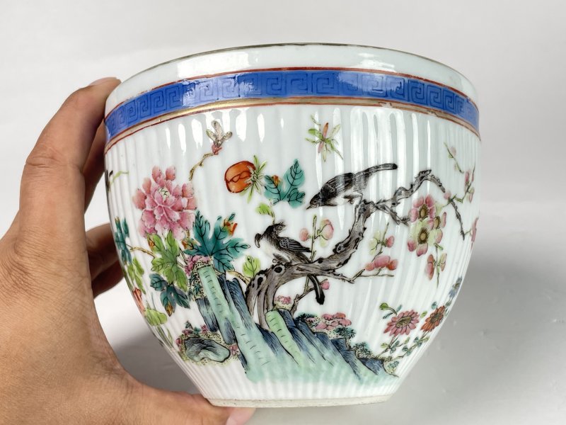 清晚期 粉彩花鸟瓜棱纹小缸 - 图3