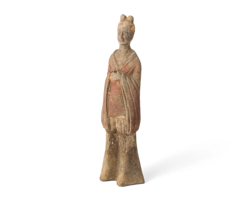 唐 彩繪陶仕女俑 | A Chinese painted pottery funerary figurine of a standing court lady - 图1
