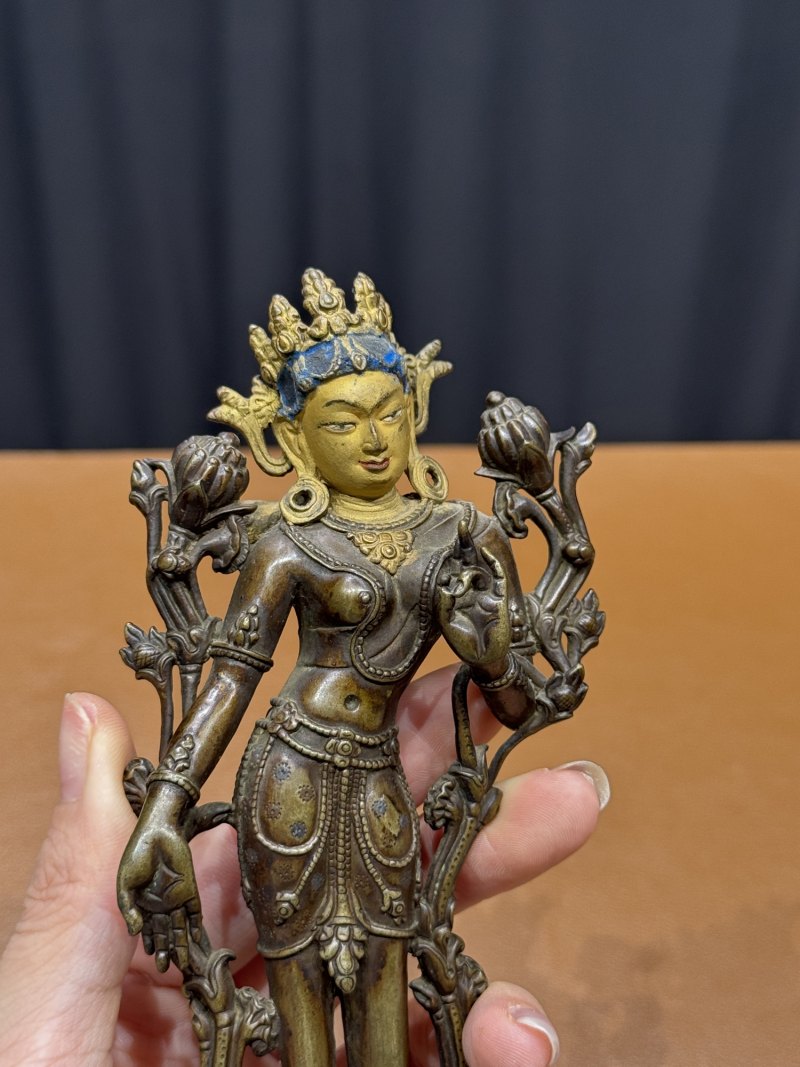 清乾隆 铜泥金仿帕拉裱金银度母站像 - 图4
