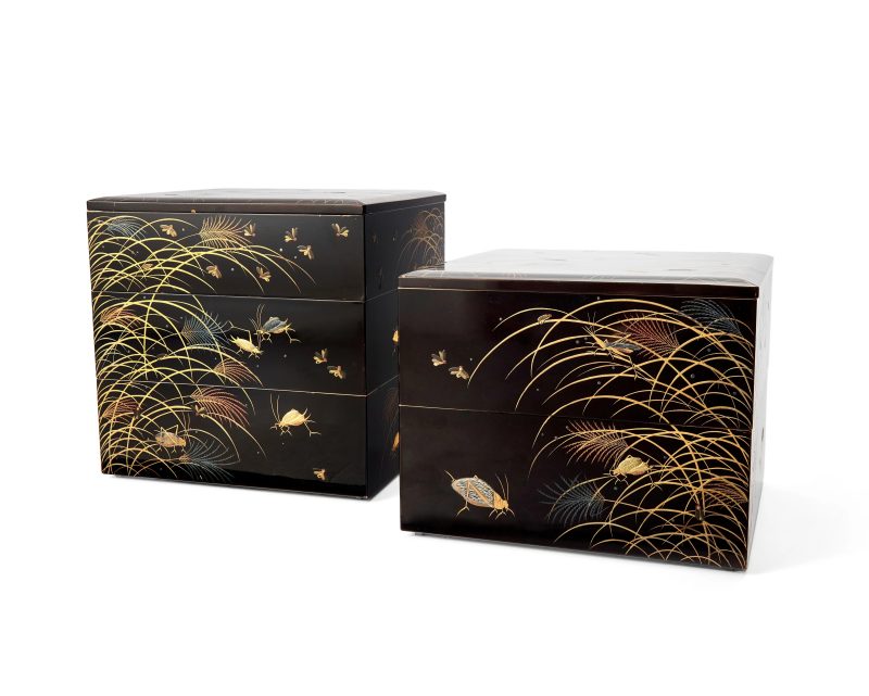 A Japanese lacquer five-tier picnic box and two covers, jubako - 图2