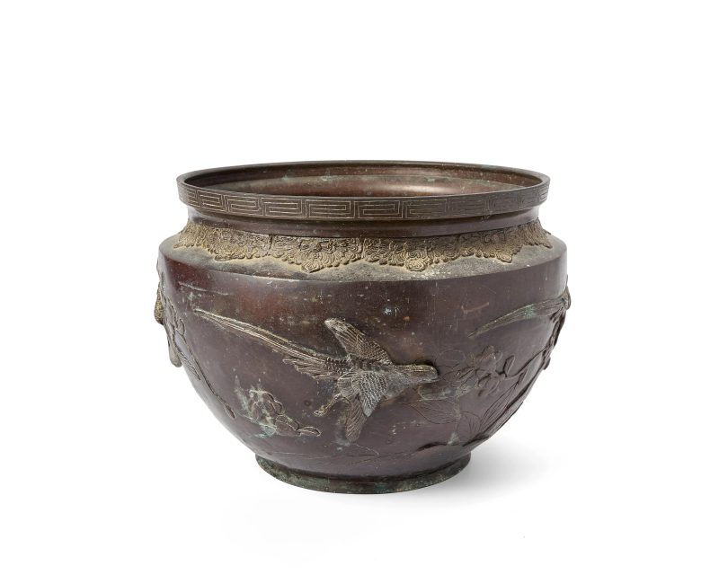 A large Japanese bronze 'birds and flowers' jar