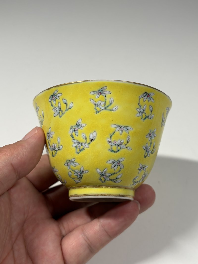 清同治 明黄地粉彩玉兰花纹杯 - 图5