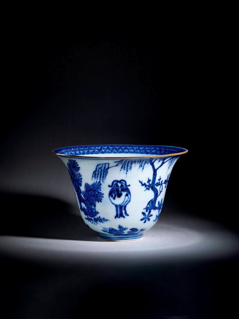 明嘉靖 青花三羊开泰仰钟式碗 - 图2