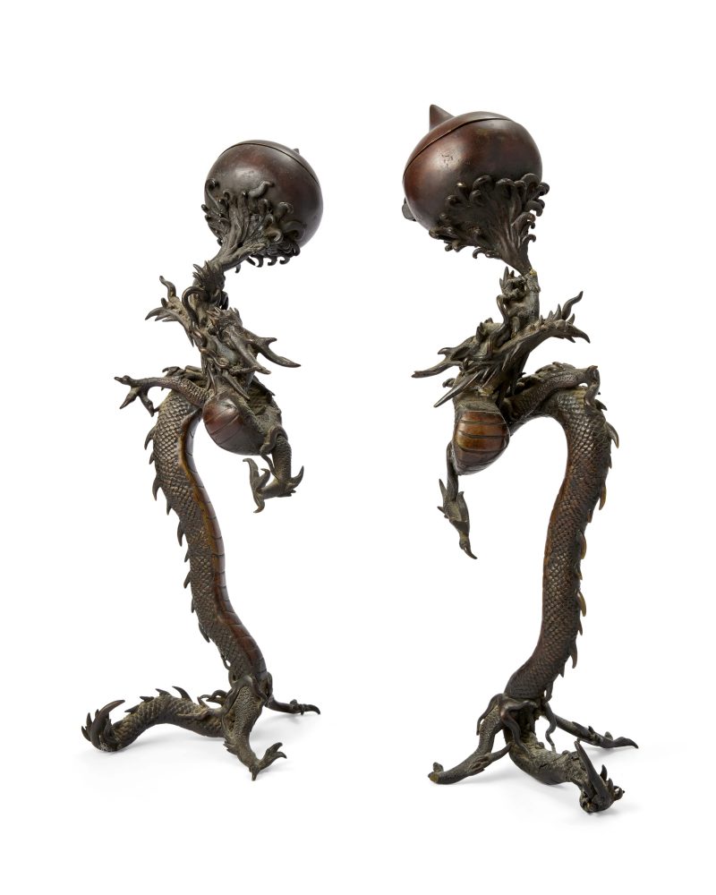 A pair of Japanese bronze 'Dragon' incense burners