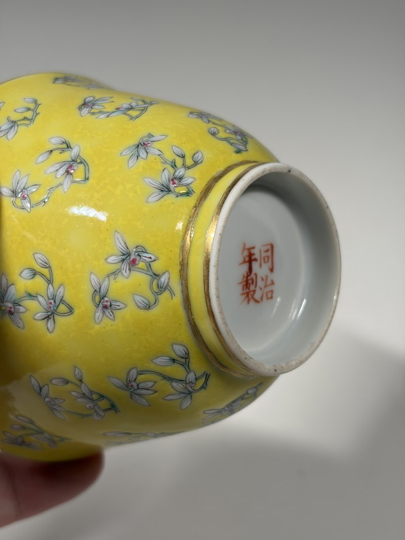 清同治 明黄地粉彩玉兰花纹杯 - 图9