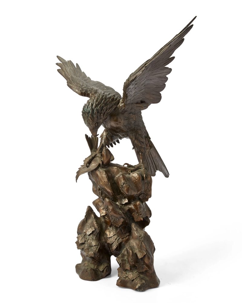 A Japanese bronze 'hawk' okimono