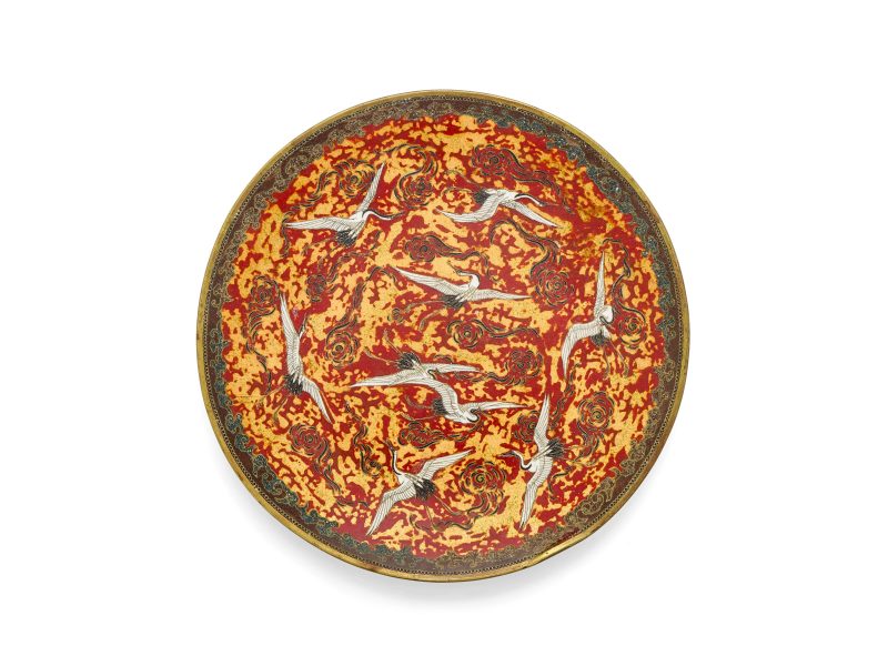 A Japanese cloisonné-enamel 'cranes' plate