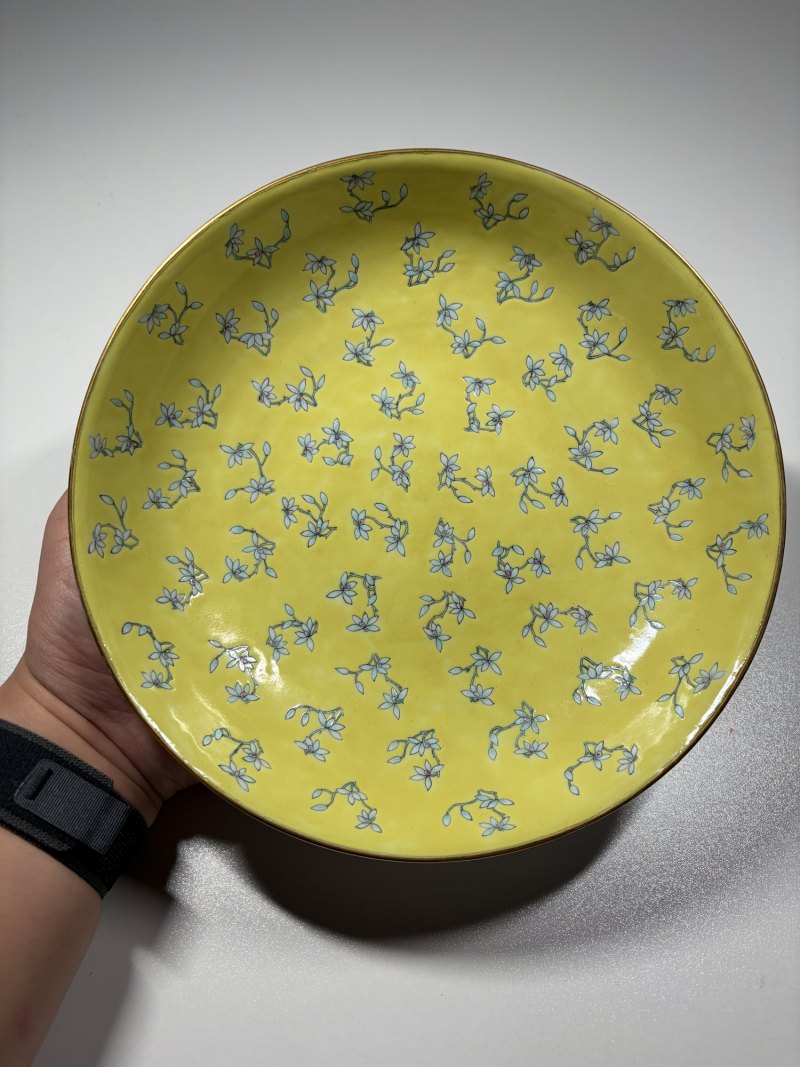 清同治 明黄地粉彩玉兰花纹大盘 - 图2