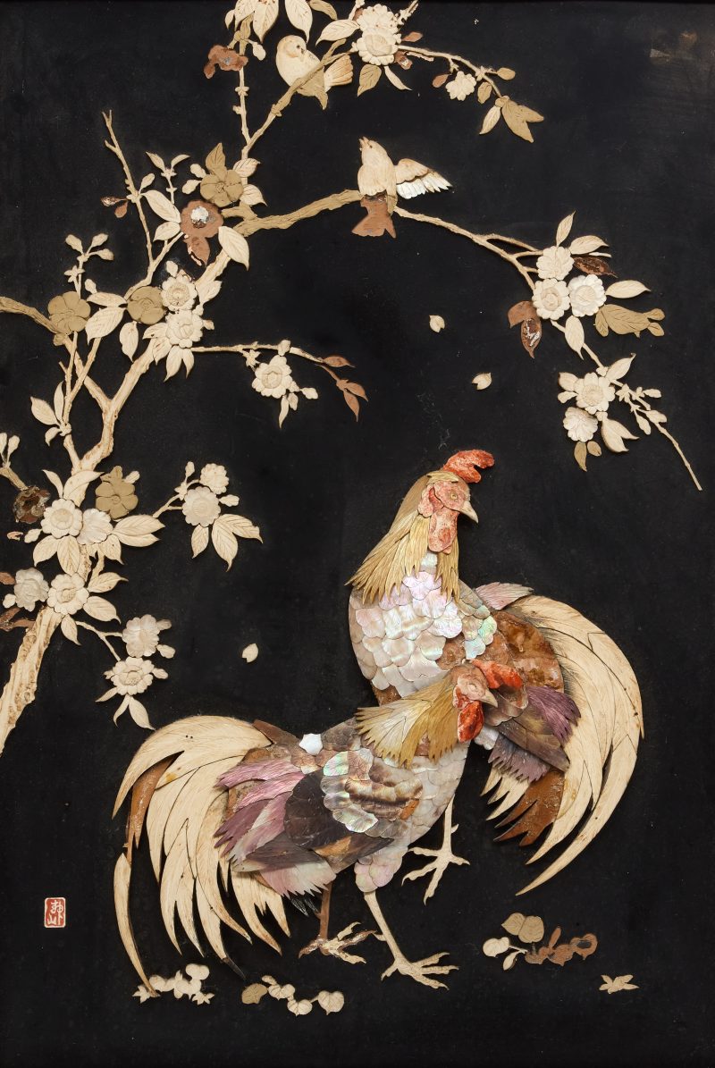 A Japanese Shibayama inlaid 'cockerels' hanging panel