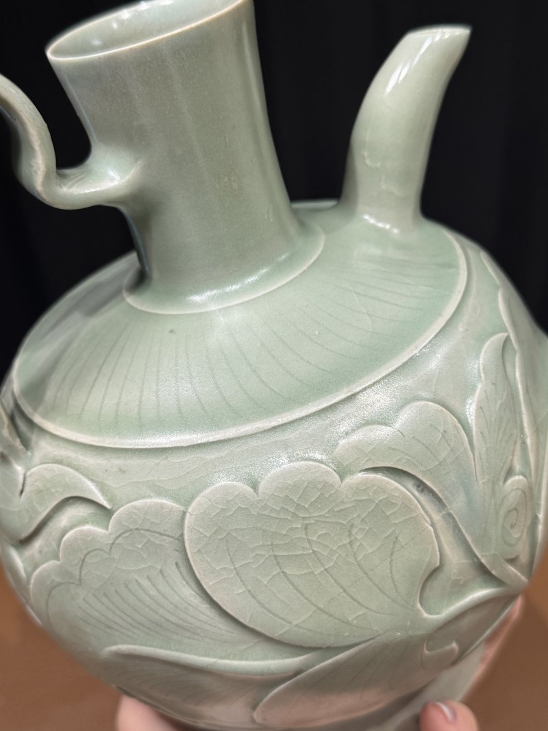明 耀州窑青釉刻花执壶 - 图8