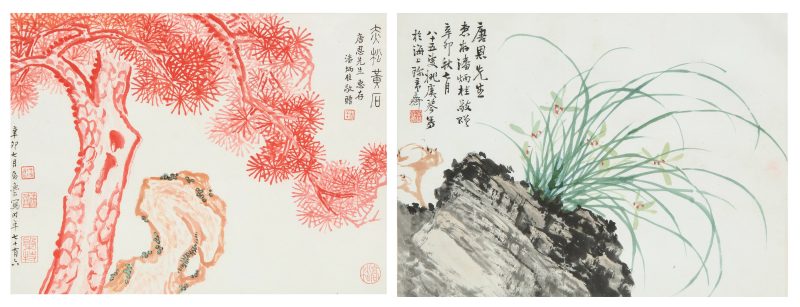 姚虞琴 一九五一，蘭花靈芝；高存道 一九五一，紅松圖 | Yao Yuqin (1867 - 1961) and Gao Cundao (Shifeng) (1876 - 1960) — Red pine; Orchid