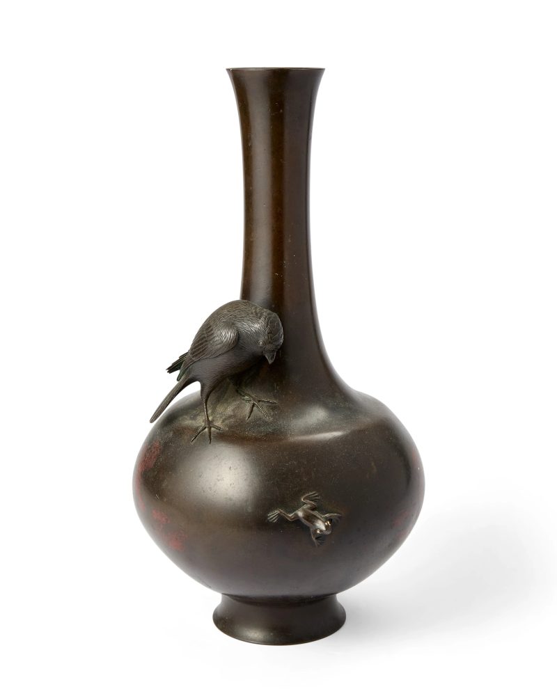A Japanese bronze 'bird and frog' vase