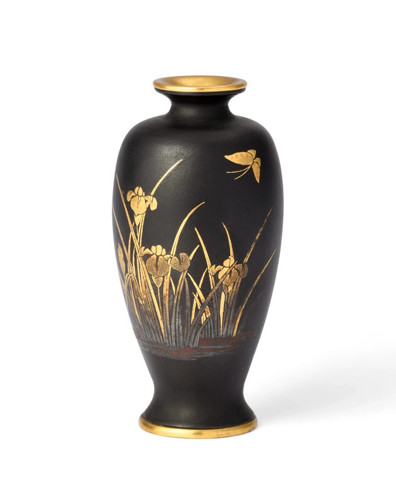 A Japanese gold and silver inlaid, gilt and black iron vase by the Komai company