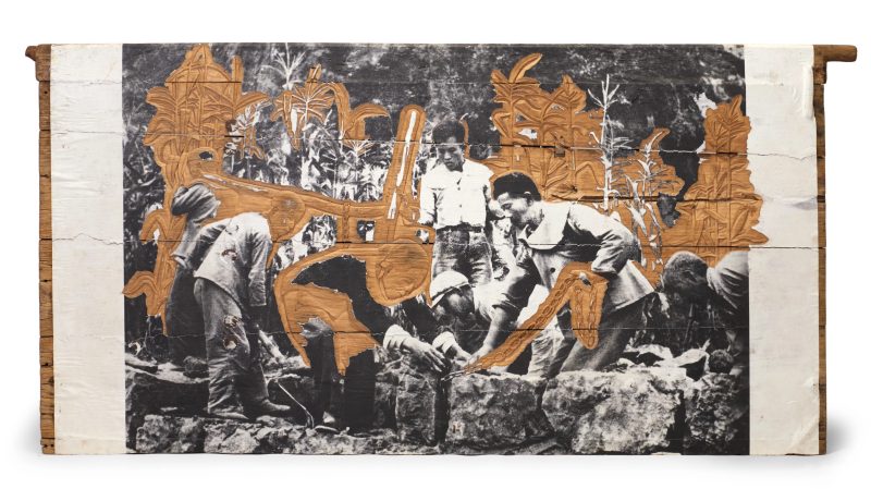2006年作 张洹（中國，1965年生） 搬磚（記憶門） | Zhang Huan (Chinese b.1965) — Construction (2006), collage (printed paper) on carved wooden door, signed and dated to the reverse, 148.5cm x 303cm.