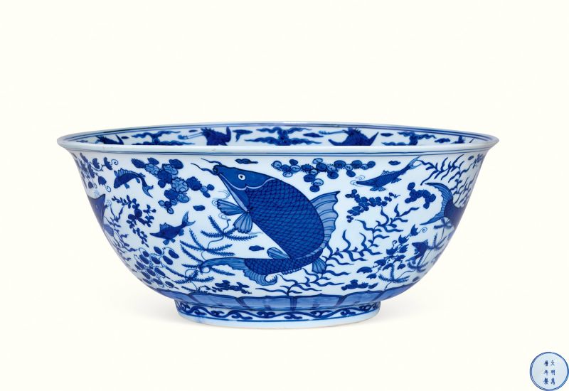 明万历 青花清廉礼贵鱼藻图云鹤大碗 - 图1