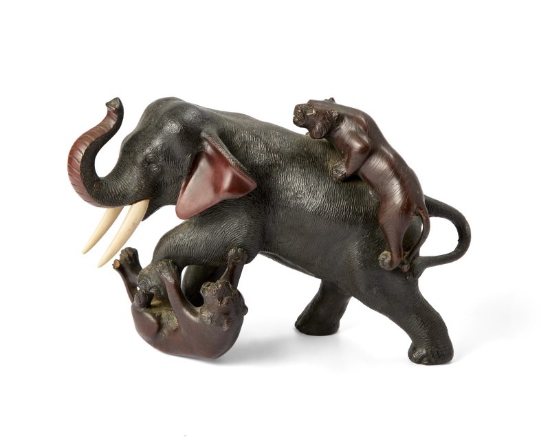 Two Japanese bronze okimono depicting tigers attacking an elephant - 图2