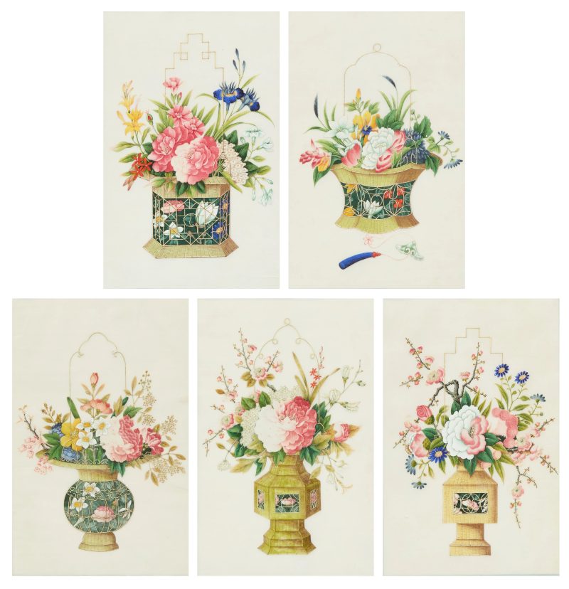 清十九世紀 水粉通草畫花籃圖五幅 | Chinese Guangdong (Canton) school, 19th century