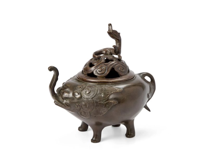 A Japanese bronze elephant and chilong incense burner