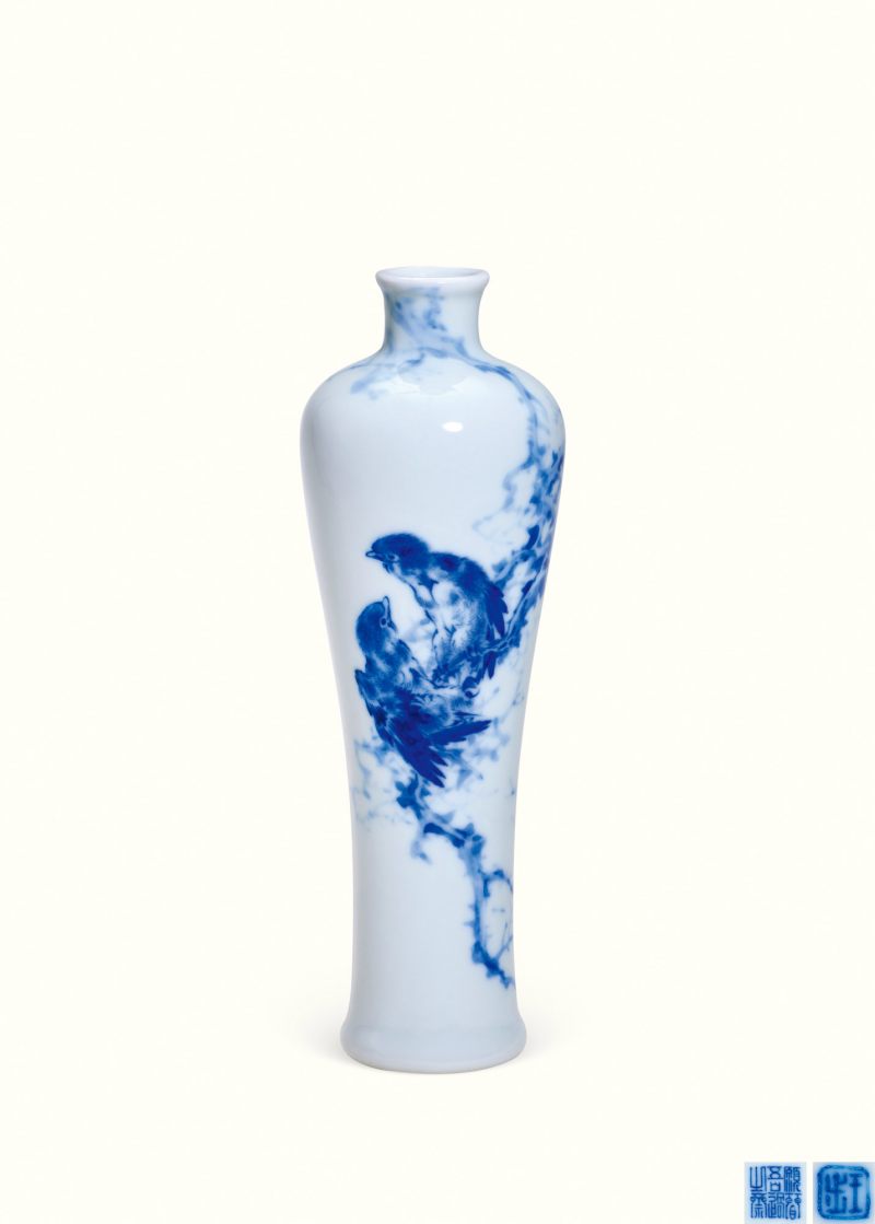 王步青花双雀图小梅瓶 - 图1