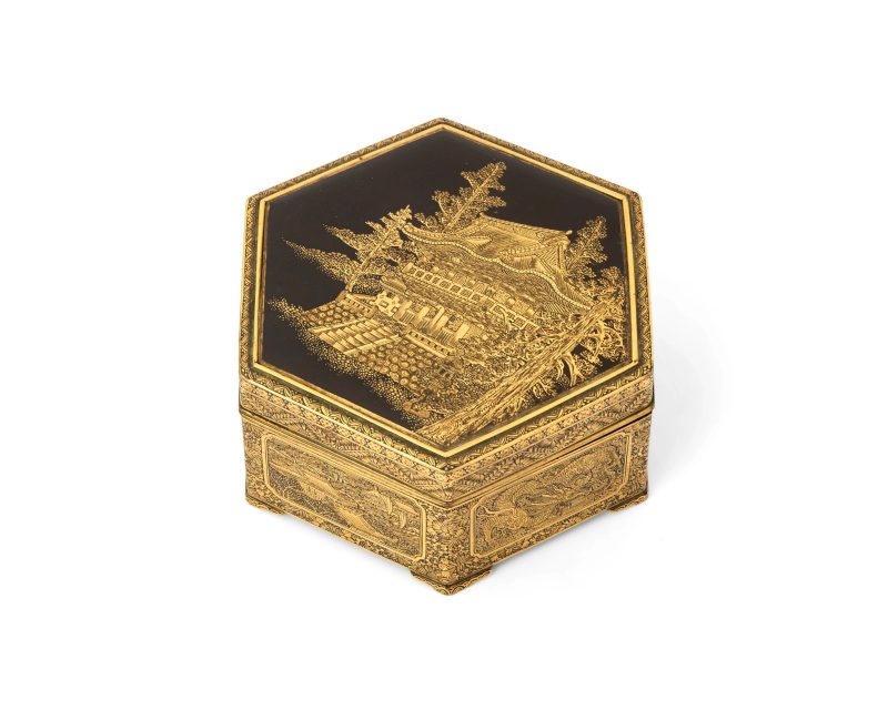 A Japanese etched and black brass hexagonal box and cover by the Fuji workshop