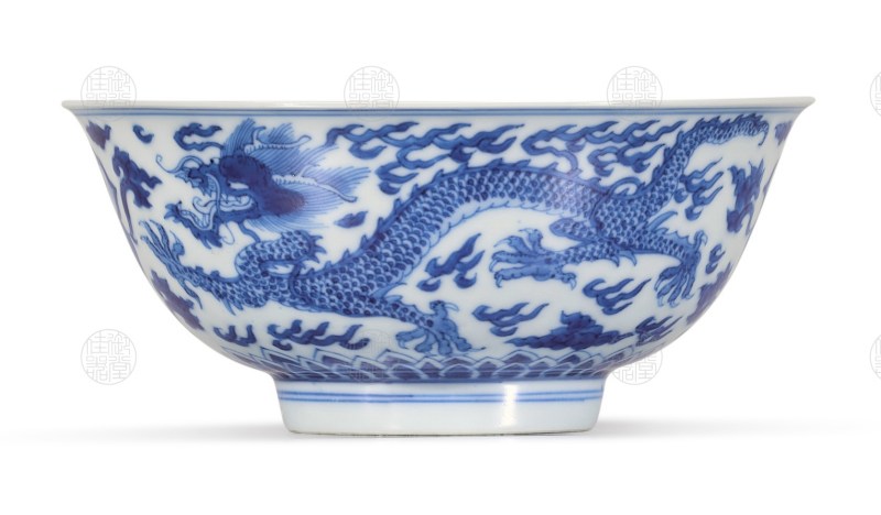 清康熙 青花福寿双龙纹碗