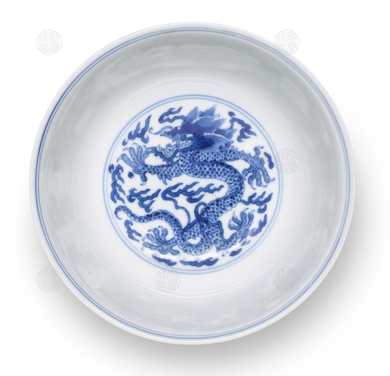 清康熙 青花福寿双龙纹碗 - 图3