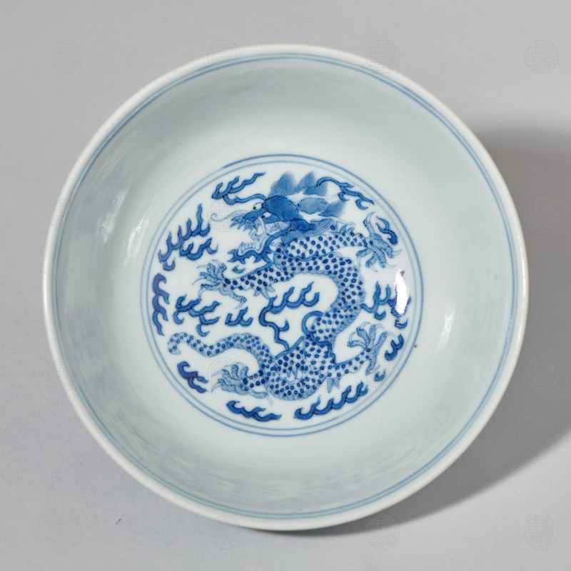 清道光 青花福寿双龙纹碗 - 图3