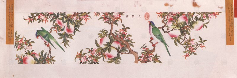 清光绪 彩寿桃鹦鹉五寸长方带座花盆 - 图3