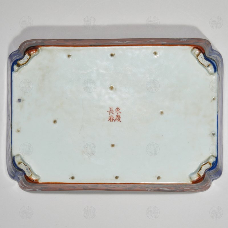 清光绪 红地墨彩栀子花长方倭角水仙盆 - 图3