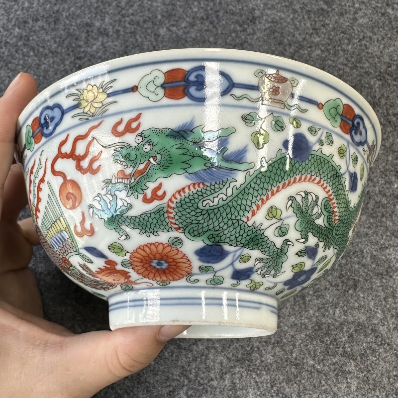 清道光 青花五彩龙凤纹中碗