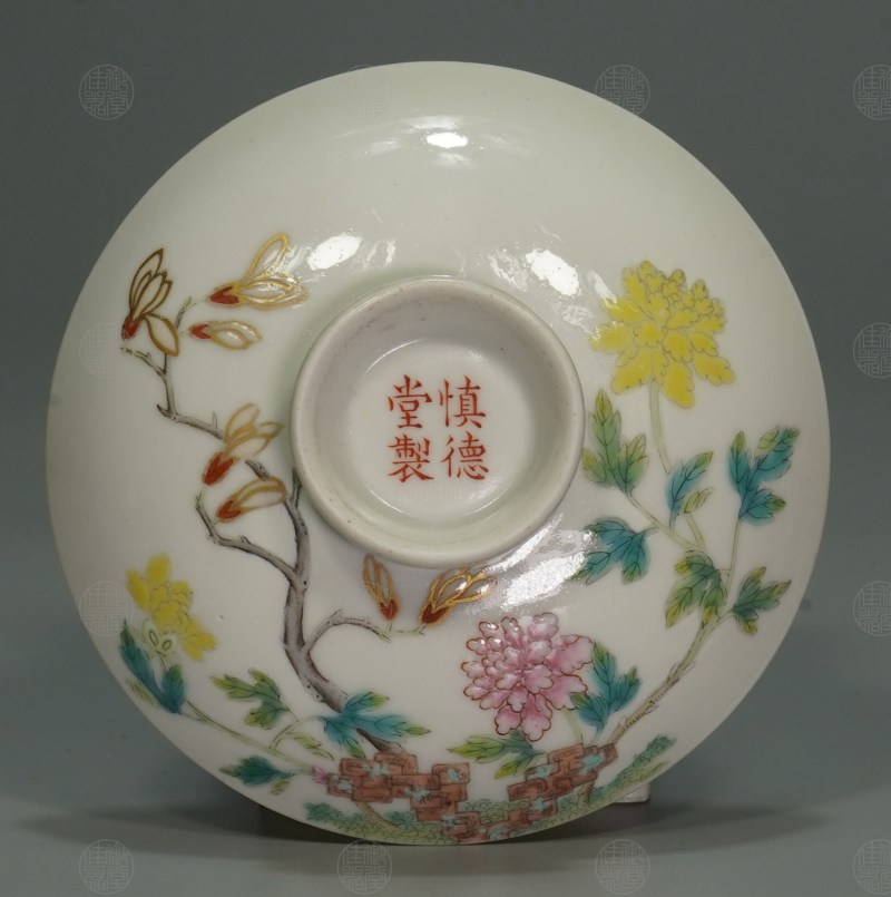 清道光 洋彩玉堂富贵纹盖碗 - 图2