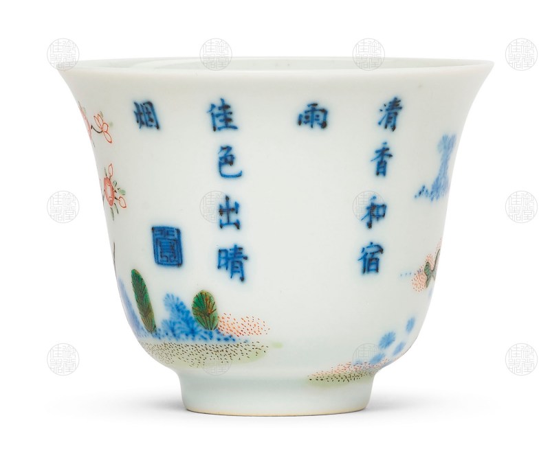 清同治 青花五彩杏花诗文杯 - 图2