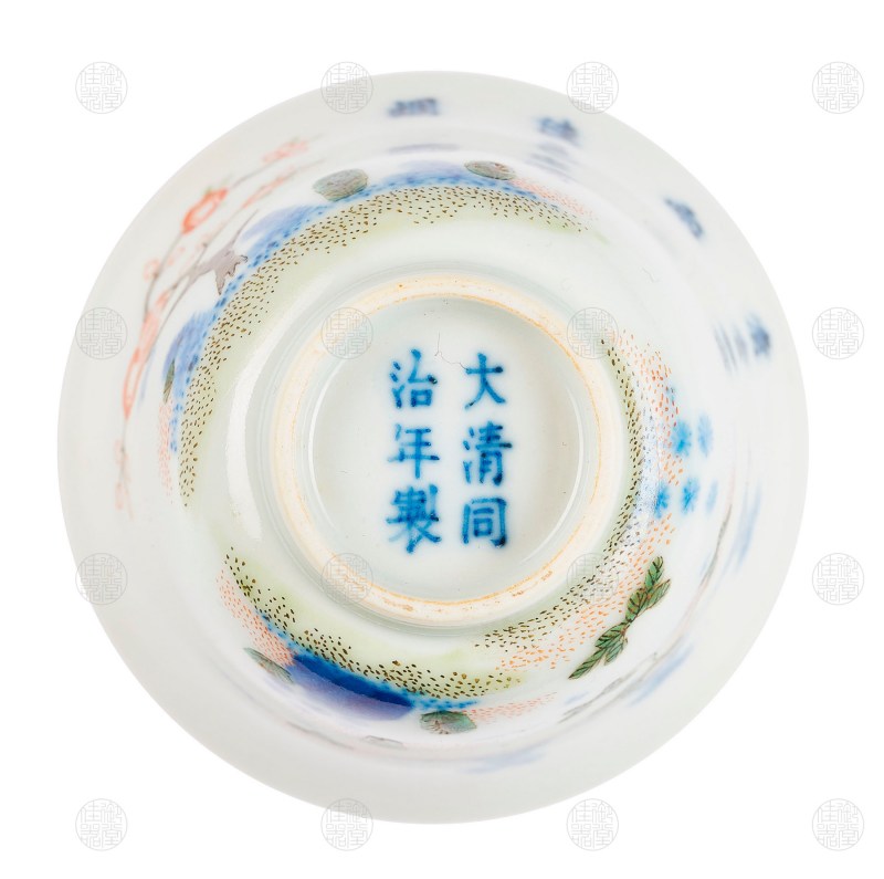 清同治 青花五彩杏花诗文杯 - 图4