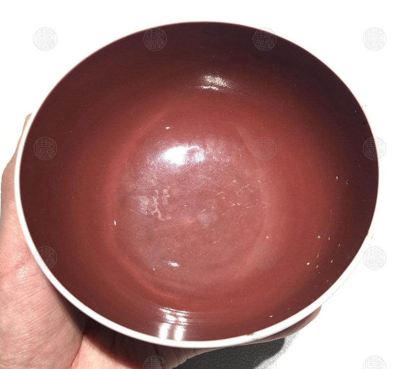 清康熙 里外霁红釉墩式汤碗 - 图3