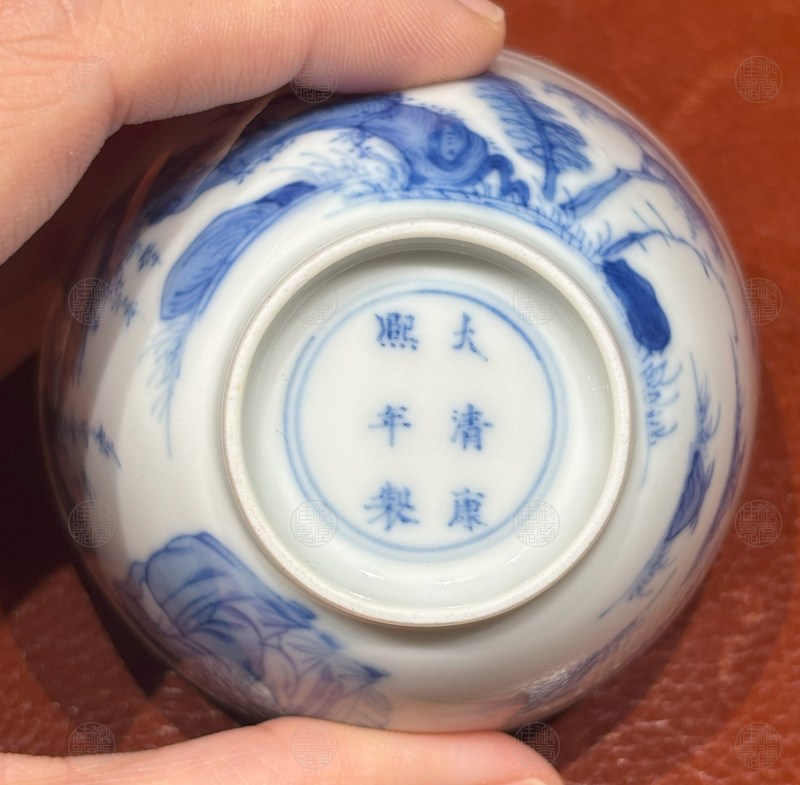 清康熙 青花叱石成羊纹敞口杯 - 图3