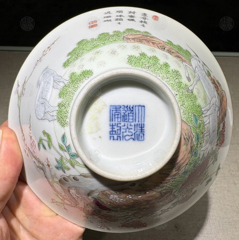 清道光 洋彩三羊开泰斗笠碗 - 图3
