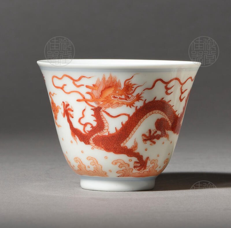 清雍正 矾红龙纹酒盅